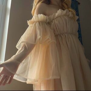 fluffy ruffled tulle off shoulder champagne dress